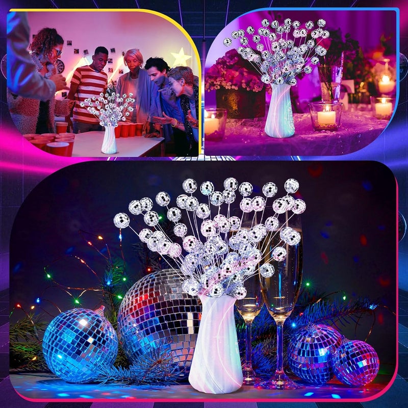 Knitgrip 20 Pcs Disco Balls Party Decorations Disco Ball Ornaments 2026 New Year Eve Party Silver Ornaments Glitter Mini Flower Picks Sticks Bulk 14 Inch Planter Vases Glitter Stems for Crafts - Image 5
